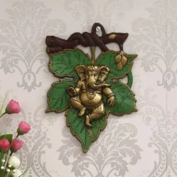 eCraftIndia Dancing Golden Lord Ganesha on Green Leaf Metal Wall Hanging-27
