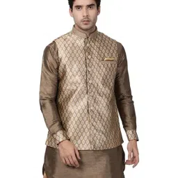 VASTRAMAY Beige Straight Fit Self Pattern Nehru Jacket-26