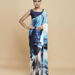 Navyasa White Liva Satin Abstract Printed Saree With Coordinated Unstitched Blouse Piece-image-1