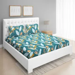 Romee Floral Blue 144 TC Cotton Queen Sized Bed Sheet with 2 Pillow Covers-image-18