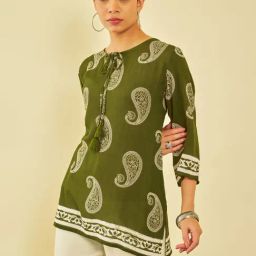 Soch Womens Green Crepe Paisley Printed Ethnic Tunic With Tie-Ups Tassels-picture-5
