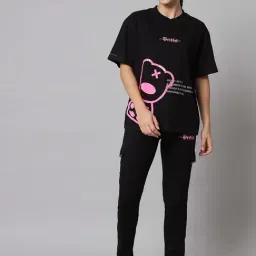 GRIFFEL Black Cotton Regular Fit Printed T-Shirt With Trackpants-image-75