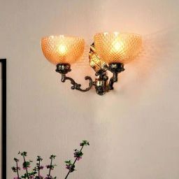 FOS LIGHTING Traditional Betel Leaf Golden Aluminium Dual Light Wall Sconce With Bowl Glass Shade-image-103