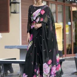 Satrani Black Georgette Floral Saree With Unstitched Blouse-image-33