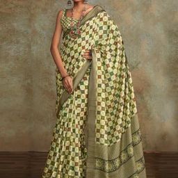 Satrani Green Silk Blend Printed Saree With Unstitched Blouse-image-48