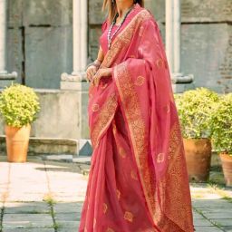 Satrani Pink Silk Woven Saree With Unstitched Blouse-image-66