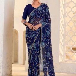 Satrani Navy Blue Georgette Floral Saree With Unstitched Blouse-picture-40