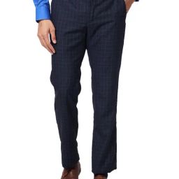 Park Avenue Navy Regular Fit Check Flat Front Trousers-image-64