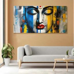 Nestroots Blue Canvas Vibrant Lord Shiva Divine Art Wall Painting - Gold Floating Frame-34