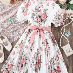 White World Girls Floral Print Belted Fit & Flare Maxi Dress-image-75