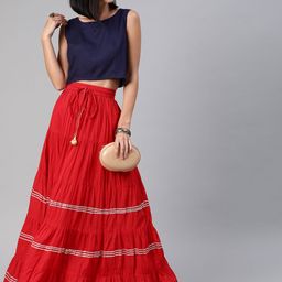 Geroo Jaipur Hand Crafted flared Red Pure Cotton Skirt with Blue Crop Top-picture-8