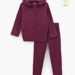Honeyhap Premium 100% Cotton Terry Full Sleeves Solid Zipper Jacket & Joggers Set - Grape Wine-picture-30