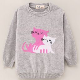 Simply Full Sleeves Cotton Sweater Cat Print- Grey-image-95
