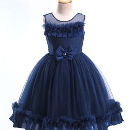 Bluebell Net Sleeveless Party Frock With Bow Corsage - Navy Blue-image-49