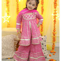 Bownbee Three Fourth Sleeves Leheriya Designed & Gota Lace Embellished Coordinating Pure Cotton Kurta & Sharara Set - Pink-image-59