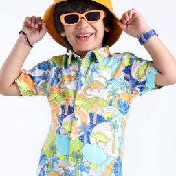 Babyhug Cotton Knit Half Sleeves Regular Collar Shirt Dino Printed - White Blue & Green-image-71