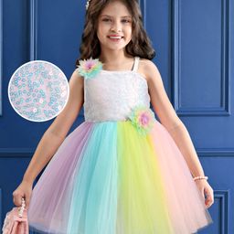 Mark & Mia Sleeveless One Shoulder Party Frock with Sequin Detailing & Floral Applique - Pink Blue & Yellow-image-85