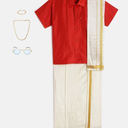 THANGAMAGAN Viscose Half Sleeve Shirt With Mundu & Angavastram With Freebies Set - Red-image-122
