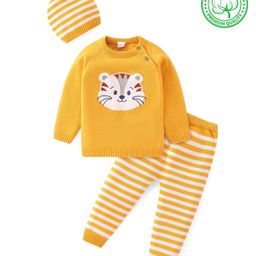 Babyhug Knitted Full Sleeves Striped Sweater Set with Cap & Tiger Patch -  Yellow-image-47