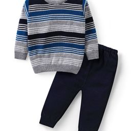 Babyhug Knit Full Sleeves Sweater & Pant Set Stripe Design - White & Navy Blue-image-51
