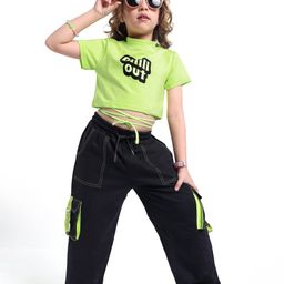 Ollington St. 100% Cotton Knit Half Sleeves Top Text with Print & Cargo Joggers- Lime Green & Black-image-68