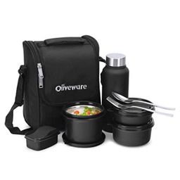 Oliveware Teso Pro Lunch Box With Steel Cutlery,3 Microwave Safe Containers, Plastic Pickle Box and Steel Water Bottle-Black-9