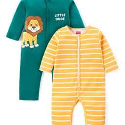 Babyhug 100% Cotton Knit Full Sleeves Front Open Striped & Lion Printed  Rompers Pack of 2  - Green & Yellow-image-22