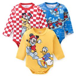Babyhug Disney Interlock Knit Full Sleeves Onesies With Mickey Mouse and Friends Graphics Pack of 3 - Yellow Blue & Red-image-53