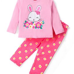 Babyhug Cotton Knit Full Sleeves Night Suit With Bunny & Floral Print - Light Pink-image-52