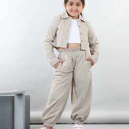 Aww Hunnie Corduory Full Sleeves Solid Shirt With Tee & Joggers For Autumn & Winter - White & Beidge-image-58