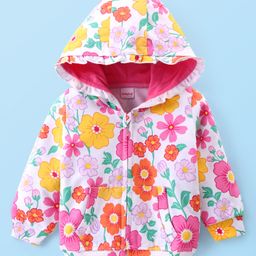 Babyhug Cotton Knit Full Sleeves Hooded Sweatjacket with Floral Print & Kangaroo Pockets - White-image-82