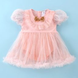 Mark & Mia Half Puffed Sleeves Party Frock StyleOnesie with Sequined Bow & Glitter Detailing- Light Pink-image-7