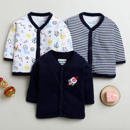 BUMZEE Cotton Pack Of 3 Full Sleeves Space Theme Printed & Striped Jhablas - Navy Blue & White-image-53