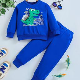 Googo Gaaga Cotton Full Sleeves Dinosaur Printed Sweatshirt With Joggers Set - Royal Blue-image-82