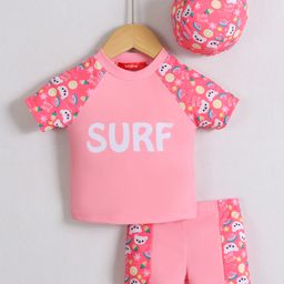 Babyhug Half Raglan Sleeves Two Piece Swimsuit & Cap with Teddy & Text Print - Pink-image-68