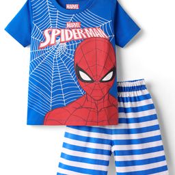 Babyhug Marvel Single Jersey Knit Half Sleeves Shorts Night Suit With Spider-Man Graphic - White & Blue-image-84