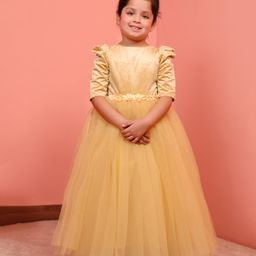 Toy Balloon Kids Net Half Sleeves Floral Applique Detailed Gown - Golden-image-50