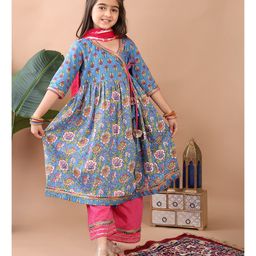 Kinder Kids Cotton Three Fourth Sleeves Floral Printed Angrakha Style Kurta With Palazzo & Dupatta Set - Blue & Pink-picture-24