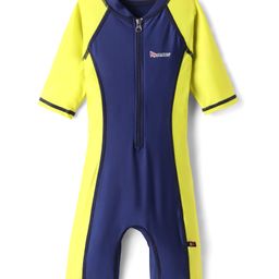 Rovars Lycra Half Raglan Sleeves Solid Color Legged Swimsuit - Navy Blue & Lemon Yellow-21