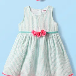 Babyhug Cotton Woven Sleeveless Striped Frock with Floral Applique & Headband - Mint Green & Pink-picture-8