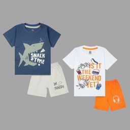 Tiny Hugs Cotton Pack Of 2 Half Sleeves Shark & Is It The Weekend Yet Text Printed Tees & Shorts Set - Multi Colour-image-97