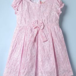Twetoons Cotton Knit Puffed Sleeves Frock With Floral Embroidery - Pink-image-70