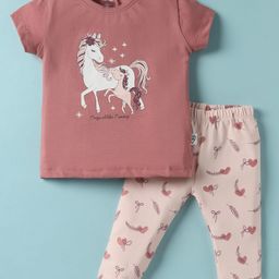 CUCUMBER Cotton Knit Full Length Half Sleeves Night Suit With Horse Print - Pink-image-34