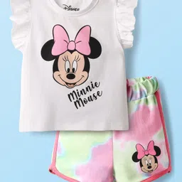 Babyhug Disney Single Jersey Knit Frill Sleeves T-Shirt & Shorts With Minnie Mouse Graphics - White & Pink-picture-27