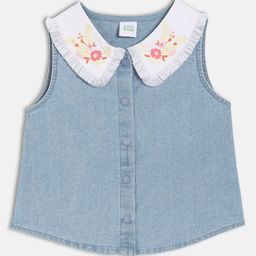 MINI KLUB Cotton Woven Sleeveless Floral Embroidered Shirt Style Top - Blue-image-65