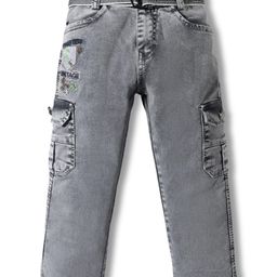Rikidoos Denim Woven Star Embroidered Jeans With Belt - Light Grey-image-95
