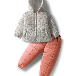 Babyhug Woven Full Sleeves Hooded Winter Wear Suits Sets with Kangaroo Pockets - OffWhite & Coral-picture-10