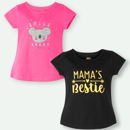 Ariel Cotton Knit Pack Of 2 Half Sleeves Koala Embroidered & Typography Printed Tops - Pink & Black-image-44
