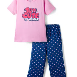 Pine Kids Cotton Knit Half Sleeves Capri Night Suit With Text Print - Pink & Blue-picture-44