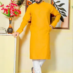 Archittam Men Yellow Cotton Blend Mandarin Collar Long Sleeves Solid Causal Kurta Sets-picture-12